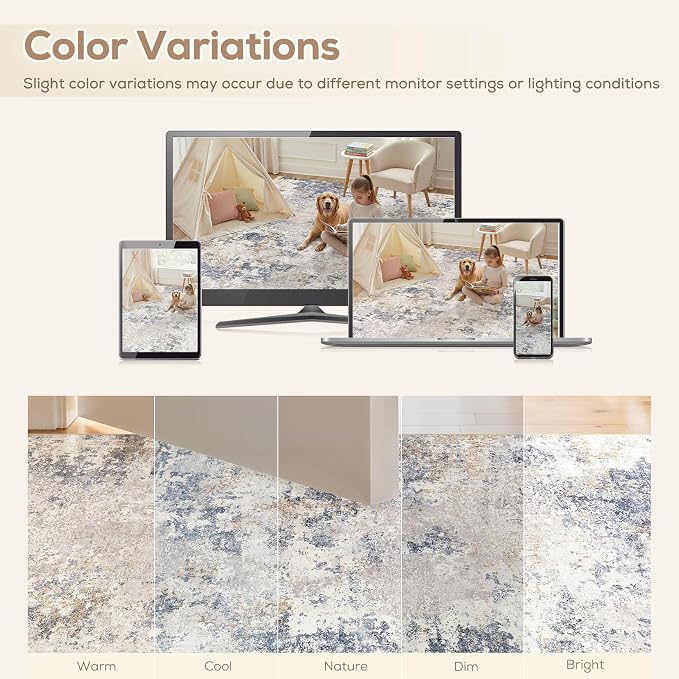Nakagishi 10X14 Abstract Washable Area Rugs for Living Room-Blue Grey | Modern Non-Slip Silicone Backing Low Pile Soft Carpet for Bedroom Dining Decor Ideal for Families with Kids and Pets