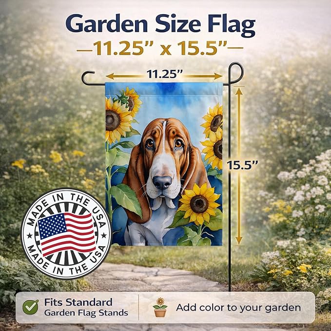 Caroline's Treasures DAC6017GF Basset Hound in Sunflowers Garden Flag Mailbox Flag Decorative Yard Flag Banner Outside Patio Artwork Yard Flower Beds, Garden Size, Multicolor