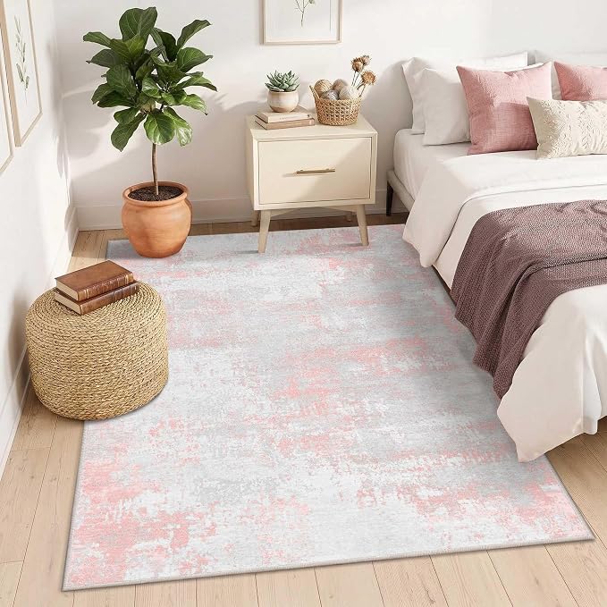 Latte&Fog Pink 4x6 Area Rug for Entryway, Modern Abstract Cute Small Rugs | for Girls Bedroom Dining Kitchen Kids Playroom Nursery Classroom Dorm Farmhouse Office, Non Slip Low Pile Soft Floral Carpet