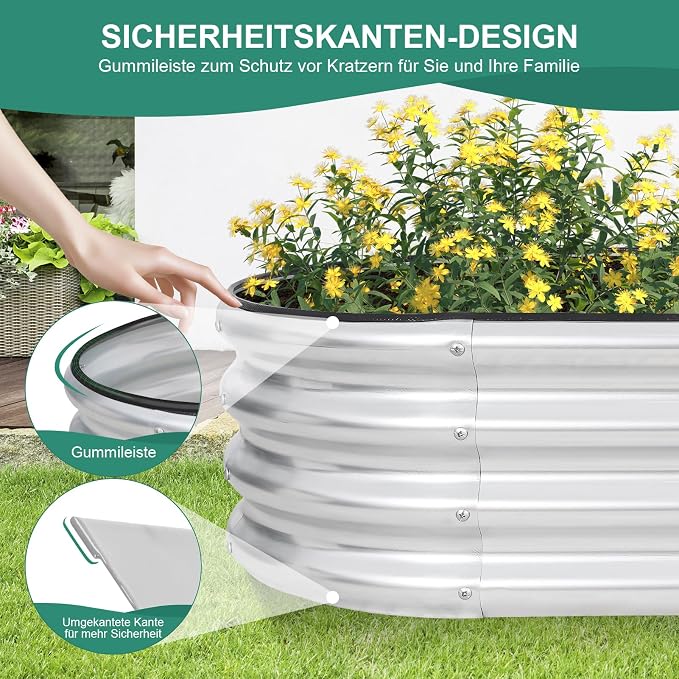 Galvanized Raised Garden Bed - 4×2×1ft (2 Packs) Planter Raised Beds for Gardening | Oval Metal Garden Planter Box with Safety Edging and Gloves for Vegetables Fruits and Flower - Silver