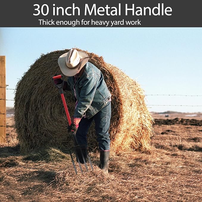 Oliynedy Pitch Fork for Hay, Heavy Duty Pitchfork for Garden, Broadfork Yard Garden Tools with 30 inch Metal Handle for Gardening Digging, Mulching
