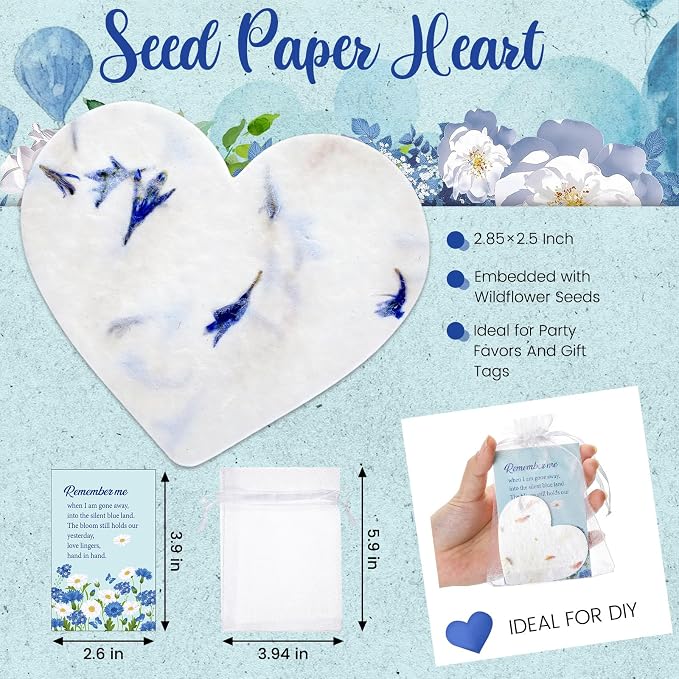 Dunzoom 50 Sets Funeral Favors for Guests Heart Shaped Seed Paper Seed Packet Funeral Memorial Party Favors Plantable Paper Cards and Organza Bags for Loss of Loved One Church Easter