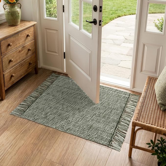 Boho Bathroom Rug 2' x 3', Modern Farmhouse Rugs for Entryway | Sage Green Washable Kitchen Mat, Hand-Woven Low Profile Front Door Mat Reversible Porch Carpet for Laundry Bedroom Decor