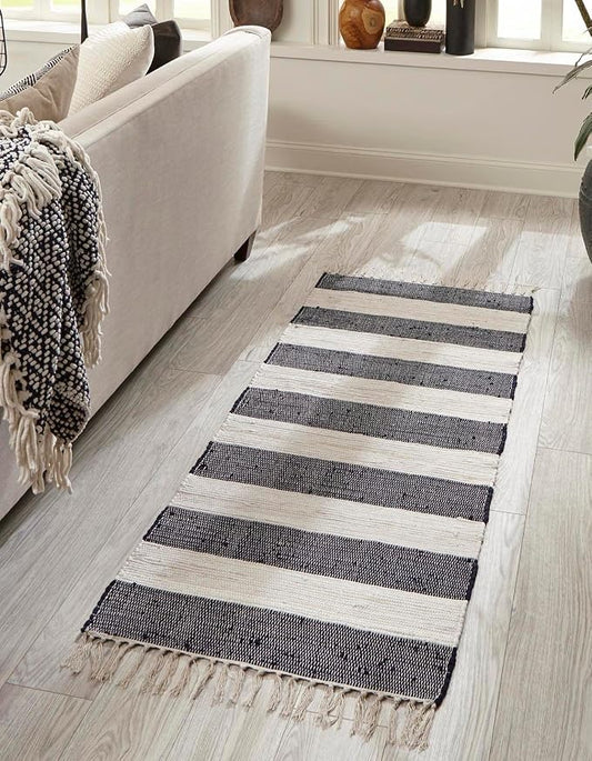 Unique Loom Chindi Rag Collection Area Rug - Striped (2' x 5' 1" Runner, Navy Blue/ Ivory)