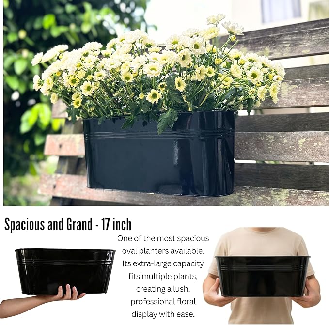 LaLaGreen Deck Railing Planter Box (17 Inch, 4 Pack) Large Black Metal Window Flower Boxes Outdoor, Wall Hanging Planters Plant Holder Hooks Fence Rail Buckets Countryside Boho Style Wall Mount Decor