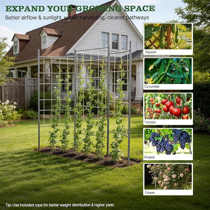 A ANLEOLIFE Garden Panel Trellis for Raised Garden Beds, Heavy-Duty Metal Panel with Crossbars, Bed-Mount or Ground Install, Vertical Support for Tomatoes, Peas & Beans, Quartz Gray