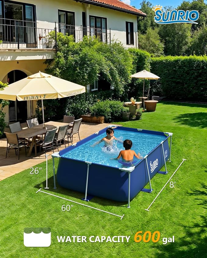 Metal Pro 8'3" X 5' X 26" Rectangle Pool Durable Steel Frame Above Ground Pool for Outdoor Backyard Swimming Pool Suitable Friends Family Adults Kids