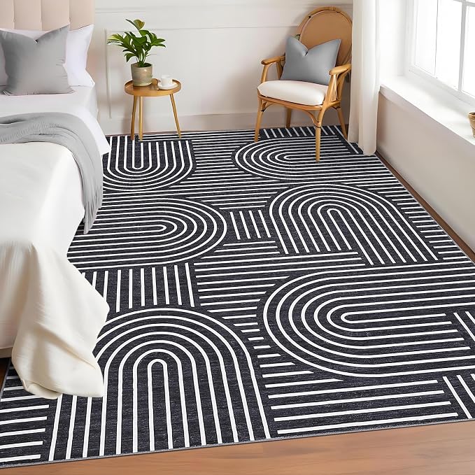 ROYHOME Modern Washable Rug 6x9 Area Rugs for Living Room Non Slip, Black | Abstract Rug for Bedroom, Rainbow Throw Rugs with Rubber Back, Low Pile Stain Resistant Boho Geometric Carpet for Dining Room
