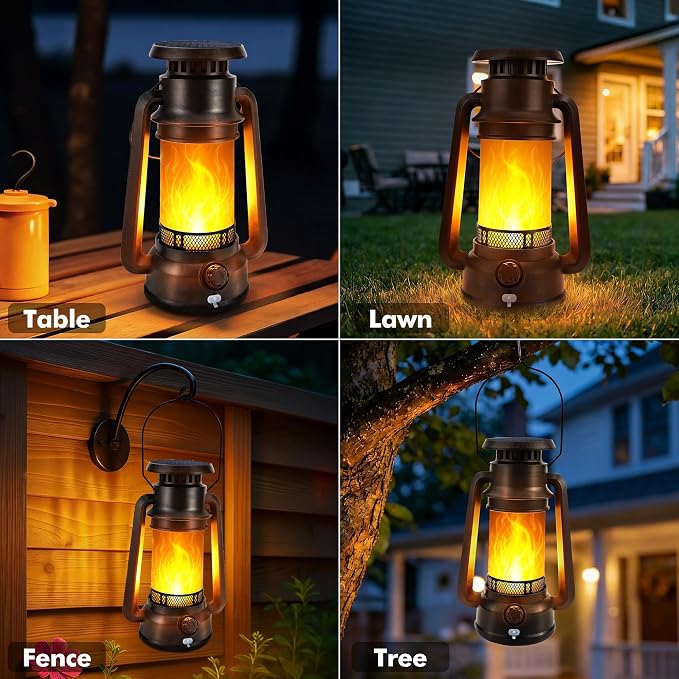 Toodour Solar Lantern Outdoor Lights, 2 Pack Vintage Solar Camping Lantern with 2 Modes, Dual Charging Solar/USB Waterproof Hanging Solar Light for Camping Patio Garden Yard Porch Outdoor Indoor Decor