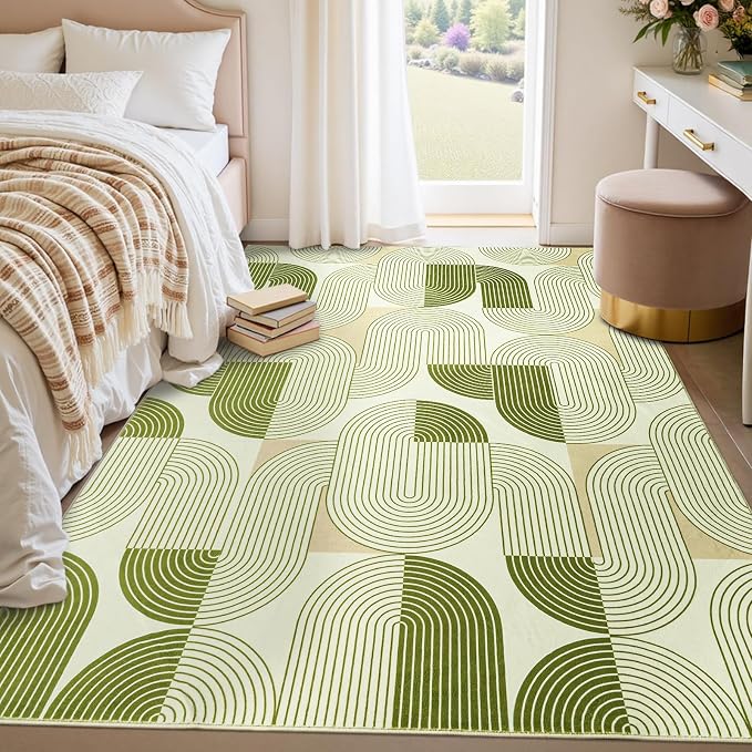 5x7 Washable Area Rugs for Living Room, Non Slip Boho Modern Rug | Stain Resistant, Soft Carpet Indoor Floor Carpets for Bedroom Dining Room Farmhouse Nursery Hallway Home Office, Green