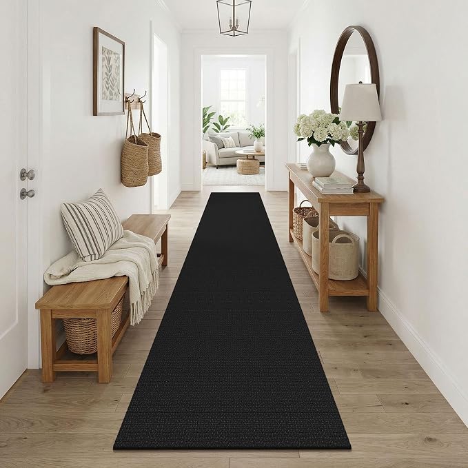 KOZYFLY Black Runners Rugs for Hallway 2.5'x10', Washable Runner Rug, Woven Non Slip Kitchen Runner, Braided Entryway Rug, Floor Carpet for Entry, Aisle, Hall, Black/Dark Grey
