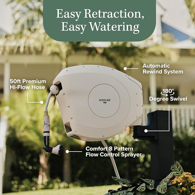 HOSELINK Classic Beige 50ft Hi-Flow Automatic Retractable Garden Hose Reel, 9/16”, 8-Pattern Spray Nozzle, UV-Stabilized Kink-Free Hose, Wall Mounted Watering Solution for Backyard, Garden & Outdoor