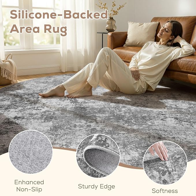 Nakagishi 8X8 Abstract Washable Area Rugs for Living Room-Grey | Modern Non-Slip Silicone Backing Low Pile Soft Carpet for Bedroom Dining Decor Ideal for Families with Kids and Pets
