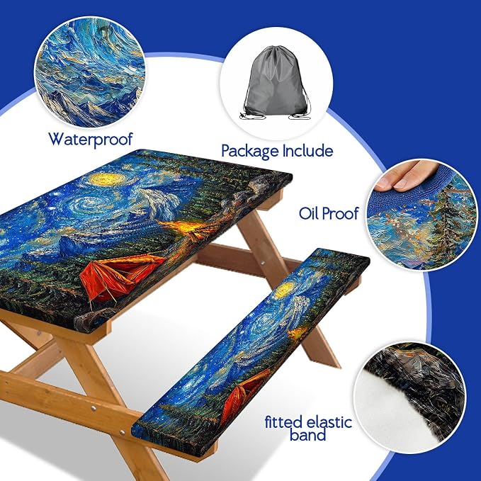 Picnic Table Cover with Bench Covers Elastic Edges, Forest Night Sky Camper Fitted Table Cover, Outdoor Patio Camping Essentials 3PCS, 72in, Waterproof Camping Fitted Tablecloth with Drawstring Bag