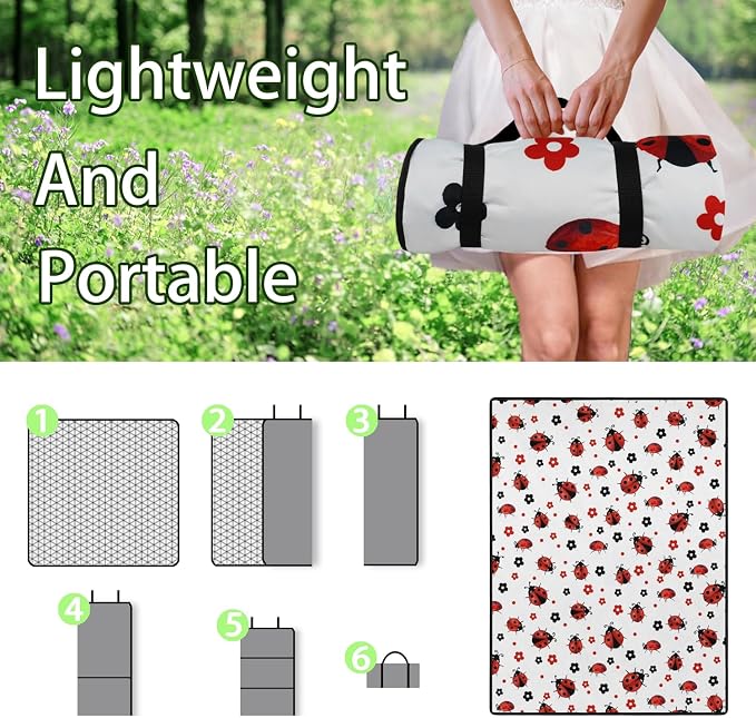 Ladybug Blankets Waterproof Foldable60’‘x80'', Ladybug Portable Outdoor Picnic Mat Water Resistant for Grass,Padded Lawn & Park Blanket for Camping,Ladybug Decor Accessories Stuff