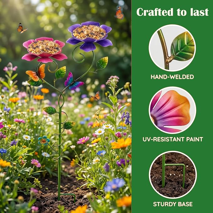 2 Pack Bee Watering Station, 3D Colorful Metal Bee Bath for Garden, Butterfly Feeder with Flower Design, Anti-Drowning Bee Watering Feeder Cups for Outdoor Yard Lawn Patio Decor