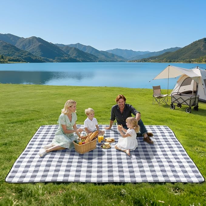 TigeJoy Extra Large Picnic Blanket Waterproof Foldable 80''x100'', Outdoor Picnic Mat Beach Blanket Sandproof for Park, Grass, Travel, Hiking, Camping Essentials, Gingham Picnic Blanket