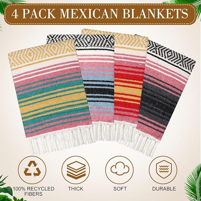 Oudain 4 Pcs Mexican Blankets Bulk Handwoven Mexican Yoga Blanket Towel Colorful Falsa Serape Woven Throw Blanket Boho Beach Blankets for Outdoor Camping Beach Picnic Travel Home (Light Colors)