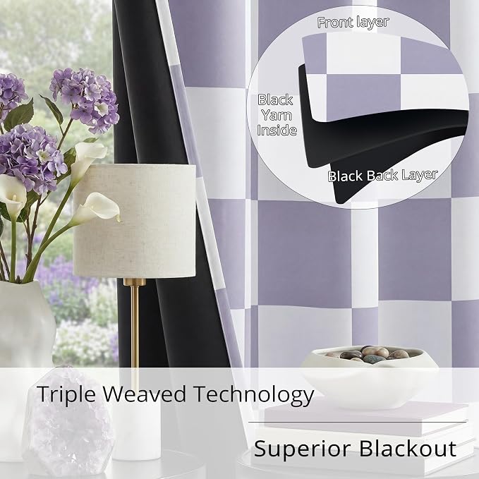 100% Blackout Checkered Curtains – 2 Panels, Each W52×L63, Thermal Insulated, Nosie Reducing for Bedroom, Modern Lilac and White Checkerboard Design for Girl's Room