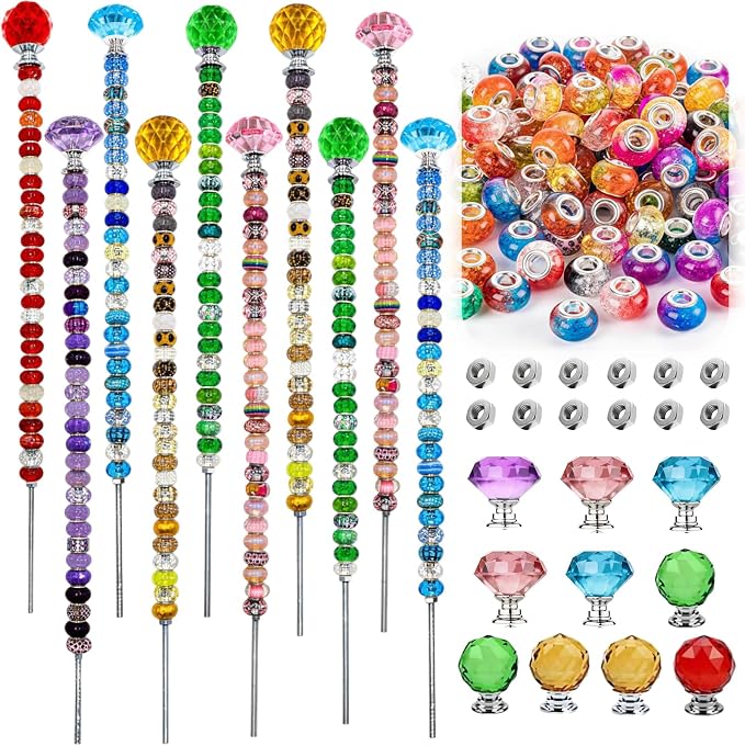 300Pcs Beaded Garden Stakes Kit,DIY Fairy Wand Garden Stake Beads Kits with 10Large Hole Beads & 10 Threaded Rods,Fairy Garden Accessories for Plants Garden Outdoor & Indoor Decor