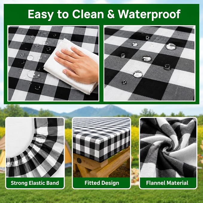 RNOONY Vinyl Fitted Picnic Table Cover with Bench Covers and Bag, 6ft Outdoor Waterproof Windproof Tablecloth with Elastic Edges. Camping RV Gear Campers Must Have 72x30 Inches 4 Pcs Set (Black)
