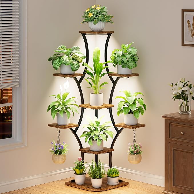 Corner Indoor Plant Stand With Grow Lights, 8 Tier, 52.6" Tall | Plant Shelf, Flower Holder, Display Rack,Heavy Duty Anti-rust Iron Pipes, Water-resistant & Anti-corrosive Wood, Auto Timer