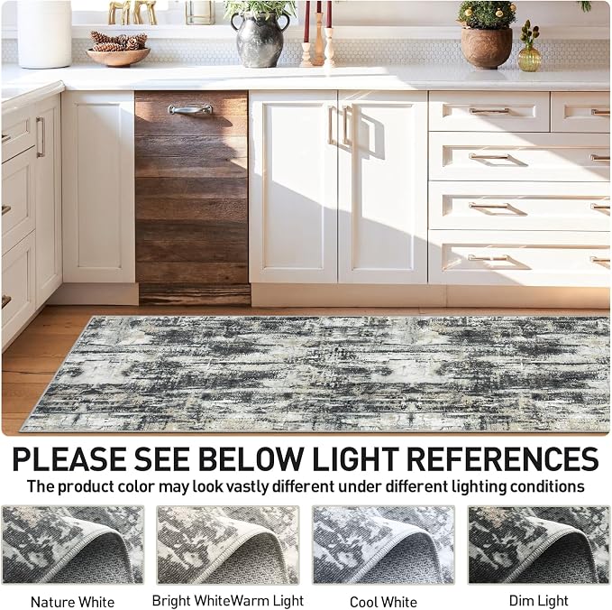 2'6''x8' Runner Rugs Washable Rug: Modern AbstractBlack Grey Gold Carpet | Non-slip TPE backing makes this washable soft low-pile rug safe & durable, Pet-friendly decor for dining room,nursery,office