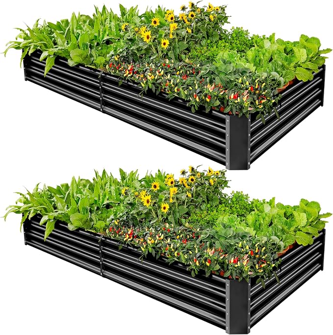 Land Guard 2 Pack 8×4×1ft Galvanized Metal Raised Garden Bed, Metal Planter Kit Box Outdoor for Deep-Rooted Vegetables, Flowers, Green and Herbs (Gray)