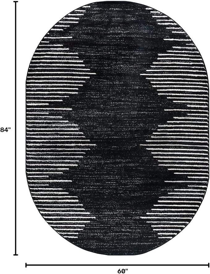 Rugshop Bohemian Stripe Stain Resistant High Traffic Oval Rug Black 5' x 7' | Oval, Size 5' x 7', Living Room, Bedroom, Dining Room, Home Office, Kitchen, Entryway, Hallway, Nursery, Kids Room