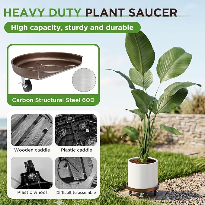 23 inch Plant Saucer Rolling Plant Caddy Rolling Plant Stand with Wheels Plant Tray with Wheels, Heavy Duty Metal, Locking, Sturdy, Rust-Resistant Finish, Easy to Move,Copper 600 lb Capacity