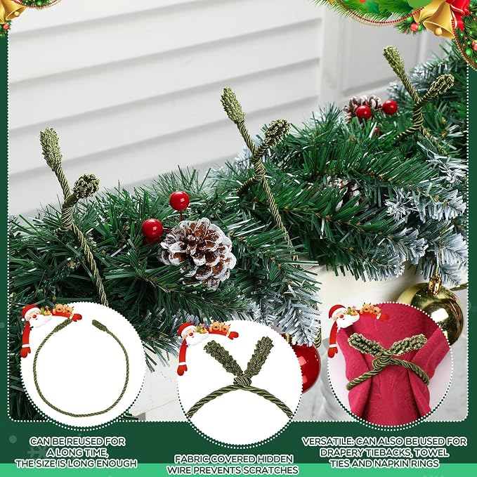 Zhengmy 24 Pcs Christmas Garland Ties Extra Long 30'' 25'' 20'' Olive Green Decorative Twist Tie for Banister Reusable Flexible Twist Tie for Garland Stairway Railing Home Xmas Holiday Decor