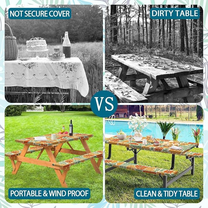 Picnic Table Covers with Bench Covers Boho Patchwork Orange Green Flower Pattern Camping Tablecloth Fitted Picnic Table Cover with Elastic Windproof Waterproof, Camping Accessories Outdoor, 60In 3PCS