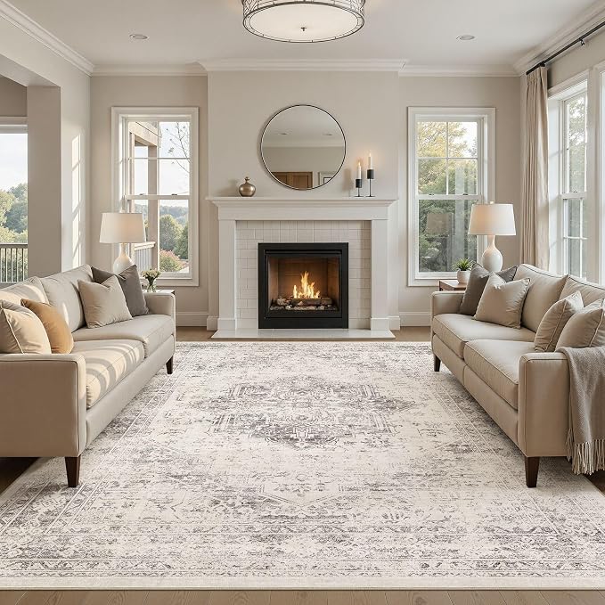 UERMEI 10x14 Area Rug Living Room Rugs - Washable Vintage Soft Large Rug Indoor Floor No Slip Rug Carpet for Bedroom Farmhouse Under Dining Table Home Office Decor - Beige/Camel