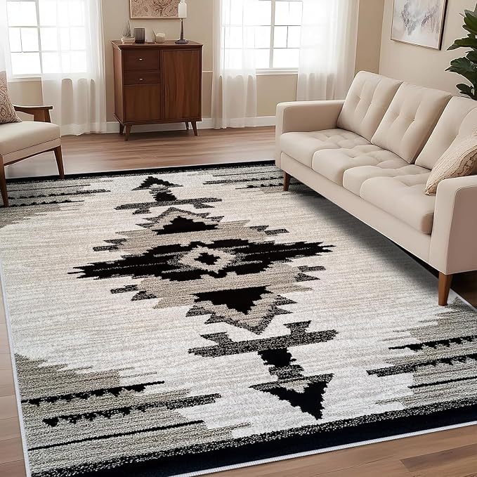 Western Area Rug Southwestern Aztec Navajo Washable 5x7 Rugs for Living Room Bedroom Southwest Tribal Gray Beige Non-Slip Soft Floor Large Carpet for Office Entryway Bathroom