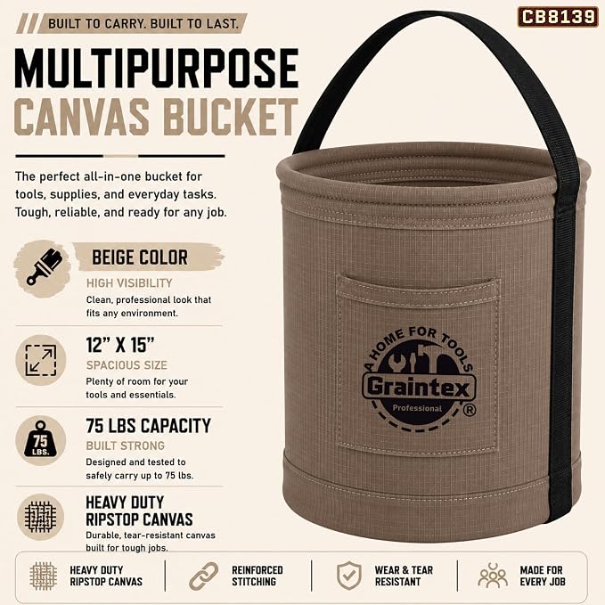 Graintex Canvas Utility Bucket 12"x15", Round Tool Bucket, Reinforced Base & Carry Handle, Ripstop Canvas, Multi-Purpose Bag for Jobsite, Home Use - Beige