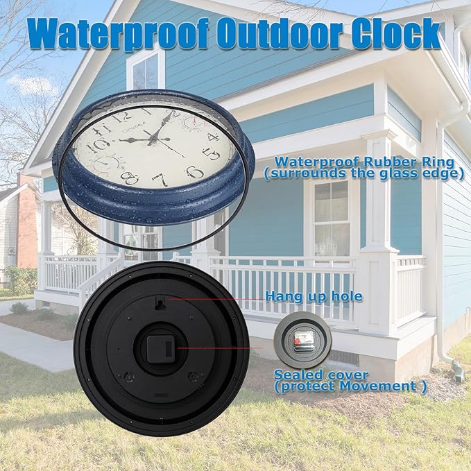 Crosstime 16 Inch Large Outdoor Clock Waterproof with Thermometer & Hygrometer Combo, Coastal Retro Wall Clock for Patio, Pool, Garden, Backyard Decor, Blue