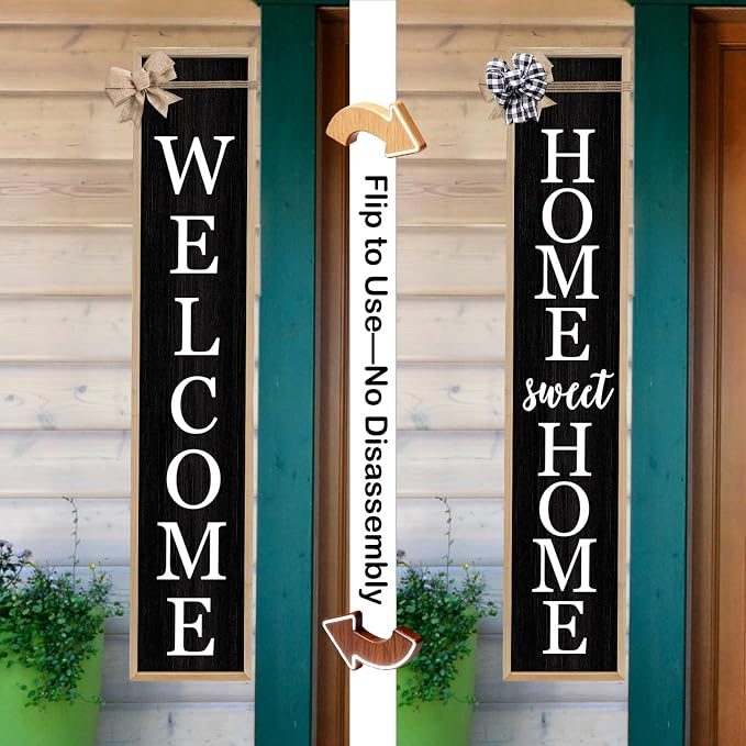 Outdoor 2in1 Welcome Sign for Front Door Home Sweet Home Sign for Farmhouse Tall Outdoor Front Porch Standing 2 Sided 45"X9" Large Vertical Leaner Rustic Outside Decor (Wood Black)