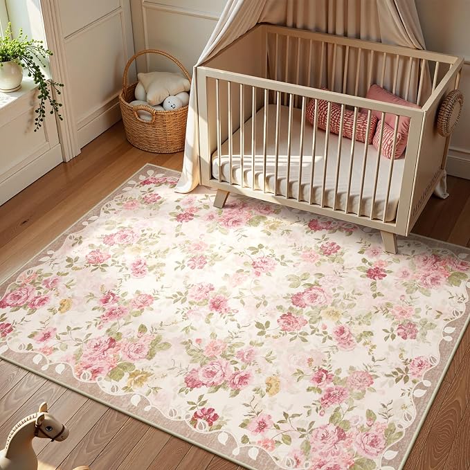 Lahome Washable Area Rug 6x9,Nursery Rug Girl Pink Dorm Rug | Vintage Girls Rugs for Bedroom Ultra-Thin Non Slip Carpet for Playroom Closet Dorm Room Decor Nina (6'X9',Beige)