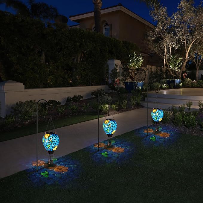 Hummingbird Solar Hot Air Balloon Lantern with Flame, Blue Hanging Mosaic Solar Lantern Outdoor Waterproof, Outdoor Solar Lights for Yard Gardening Gift for Mom Grandma Women