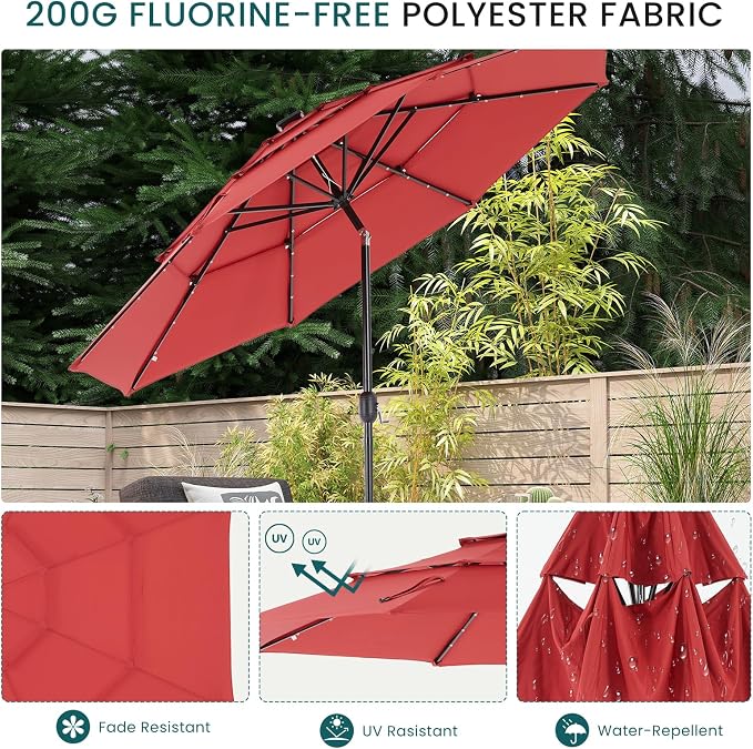 DUMOS Outdoor Solar Patio Umbrella 3 Tiers with 32 LED Lights, Beach Market Table Umbrella with Crank and 8 Sturdy Ribs for Pool, Terrace, Restaurant
