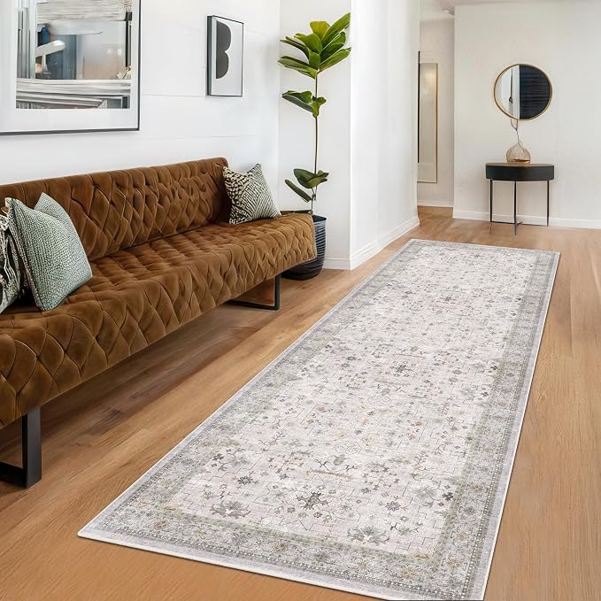 Neutral Light Gray & Sage Kitchen Rug 10 ft Long - Modern Boho 3x10 Extra Long Runners for Hallways, Washable Low Pile Entryway Indoor Rug, Non-Slip Stain Resistant Low Pile Throw Carpet