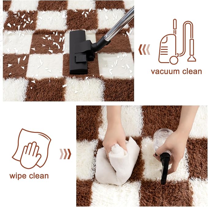 Checkered Rugs for Bedroom, Ultra Fluffy Fuzzy Shag Area Rug for Living Room 5x7, Modern Plush Soft Upgrade Non-Slip Carpet for Kid Girls and Boys Room Dorm Nursery Home Decor, Cream and Coffee