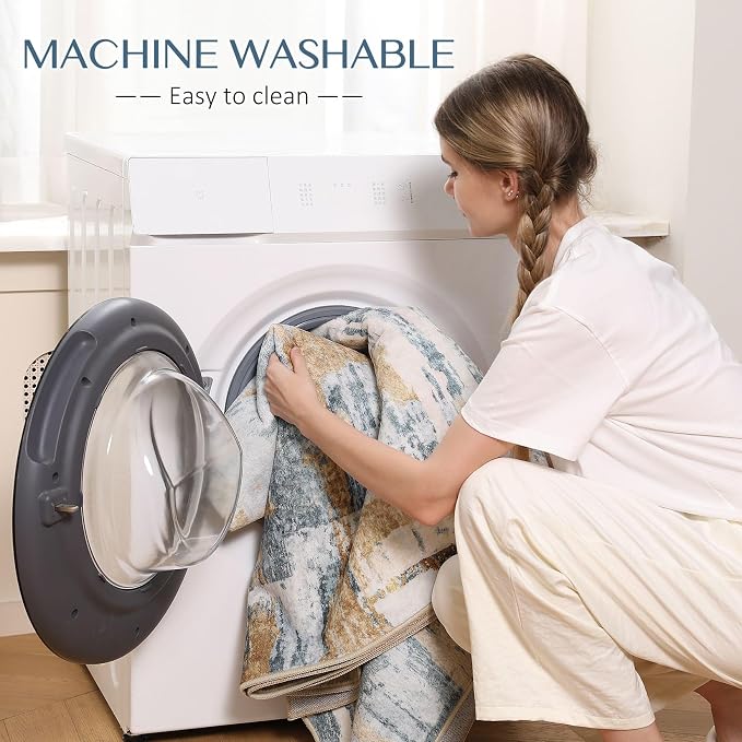kakania Abstract 10x14 Area Rugs for Living Room: Washable Rugs Blue | Soft, Non-Slip, Low-Pile, Pet & Kid Friendly - Large Modern Home Decor Carpet for Bedroom/Dining Room/Office/Nursery