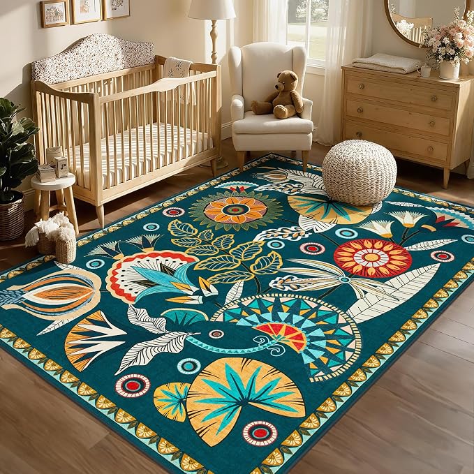 Joydeco Egypt Floral Machine Washable Living Room Bedroom Area Rugs 5x7 | Boho Botanical Colorful Non Slip Stain Resistant Flower Indoor Carpet for Dining Room Office Entryway Guest Room Playroom