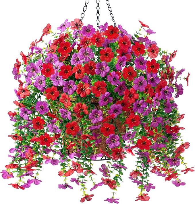 Artificial Fake Hanging Flowers Plants with Basket Spring Outdoor Decor,Faux Silk Flowers with Eucalyptus in Planter No Fade Flower in Basket for Farmhouse Home Garden Porch Patio Balcony(Red Purple)