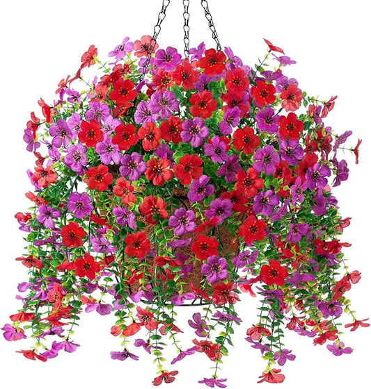 Artificial Fake Hanging Flowers Plants with Basket Spring Outdoor Decor,Faux Silk Flowers with Eucalyptus in Planter No Fade Flower in Basket for Farmhouse Home Garden Porch Patio Balcony(Red Purple)