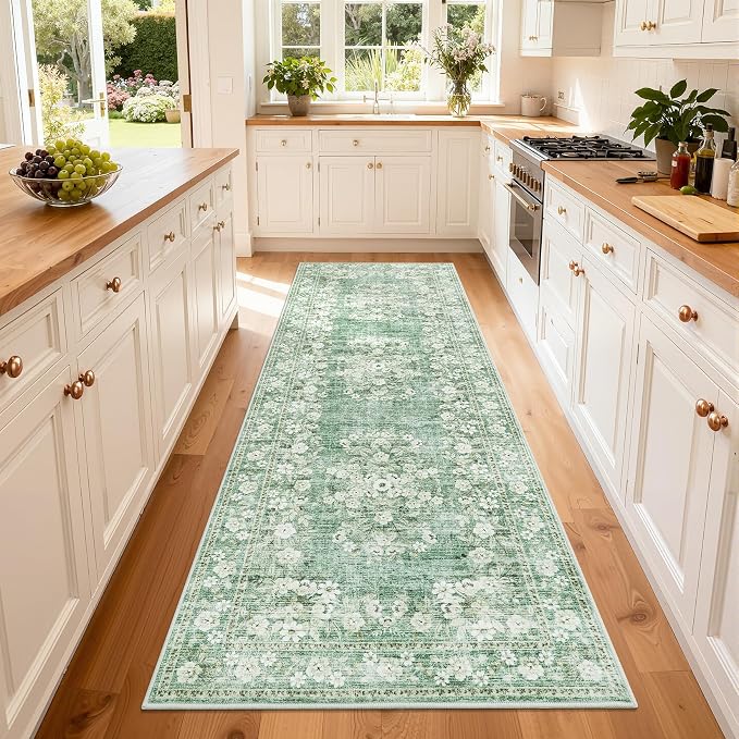 GarveeHome 2x10 Vintage Runner Rug for Kitchen Botanical Throw Floor Cover | Machine Washable Low Pile Leaf and Flower Long Rugs for Entryway Distressed Non-Slip Beige Carpets Floral Rug for Bathroom