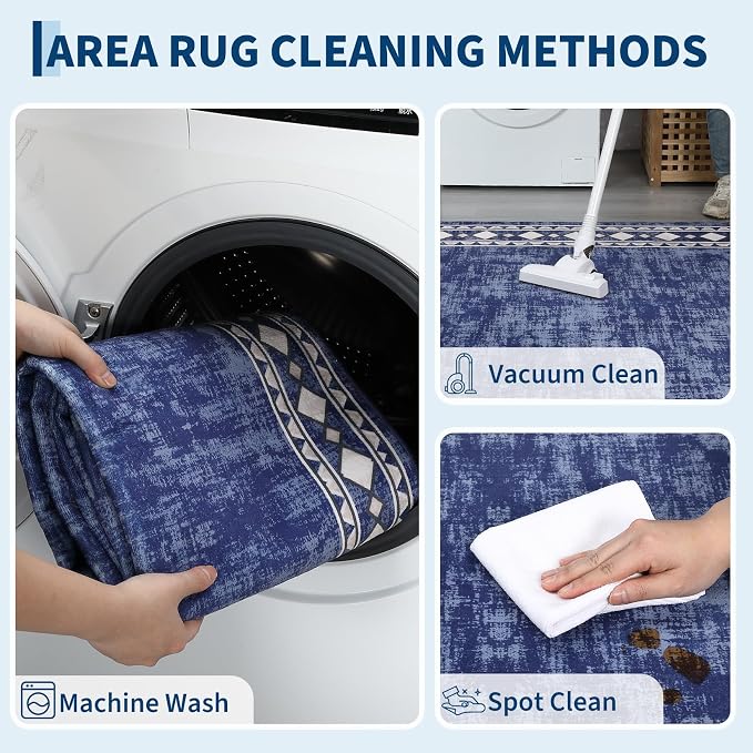 Garvee 5x7 Area Rugs Vintage Border Washable Rugs Living Room, Blue | Boho Area Rug Stain Resistant Easy Cleaning Throw Rugs Non Shedding Low Pile Floor Cover for Nursery Dining Room
