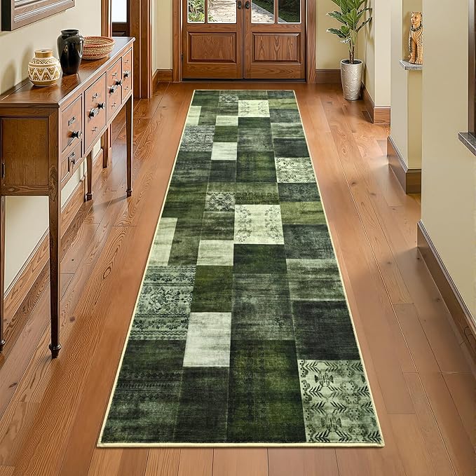 Runner Rug for for Hallways, 2'x6' Washable Kitchen Rugs with Non Slip Rubber Backing, Soft Low Pile Non-Shedding Geometric Carpet for Laundry Bedroom Bathroom, Green