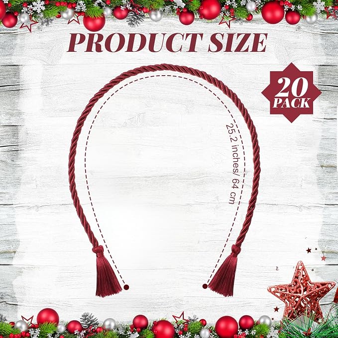 Dingion 20 Pcs Christmas Garland Decorative Banister Ties with Tassel 25.2 Inches Christmas Reusable Twist Ties for Garland Fireplace Staircase Banister Home Xmas Holiday Decorations(Burgundy)